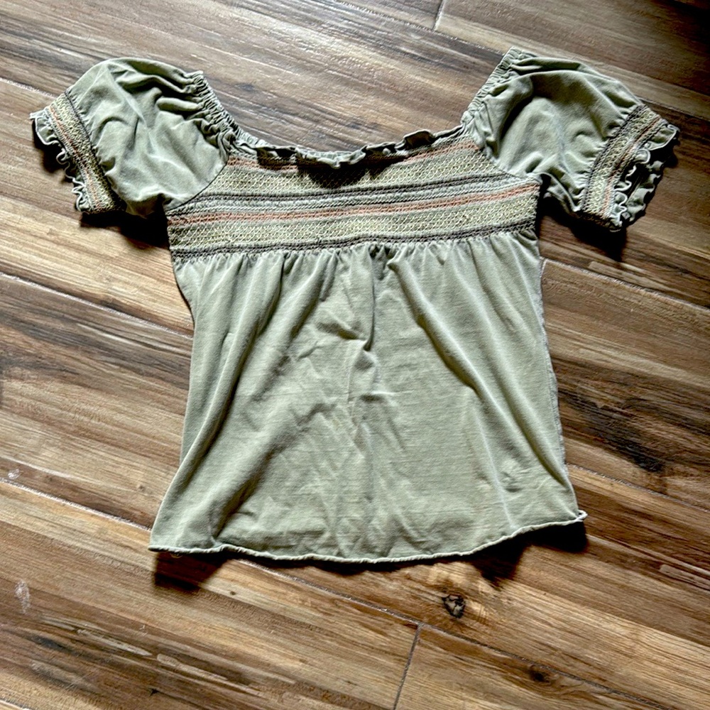 Lux Green Puff Sleeve Smocked Blouse